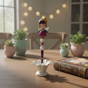 Whimsical Fairy Pen with White Flower Base - Purple Accent